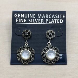 Fine silver plated MoP marcasite earrings dangle drop dressy formal cocktail.